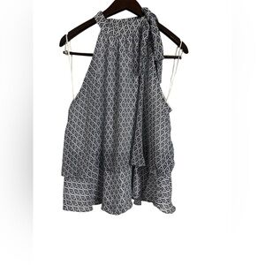 CeCe Navy Asymmetrical Patterned Shirt Size Large Halter Top Side tie